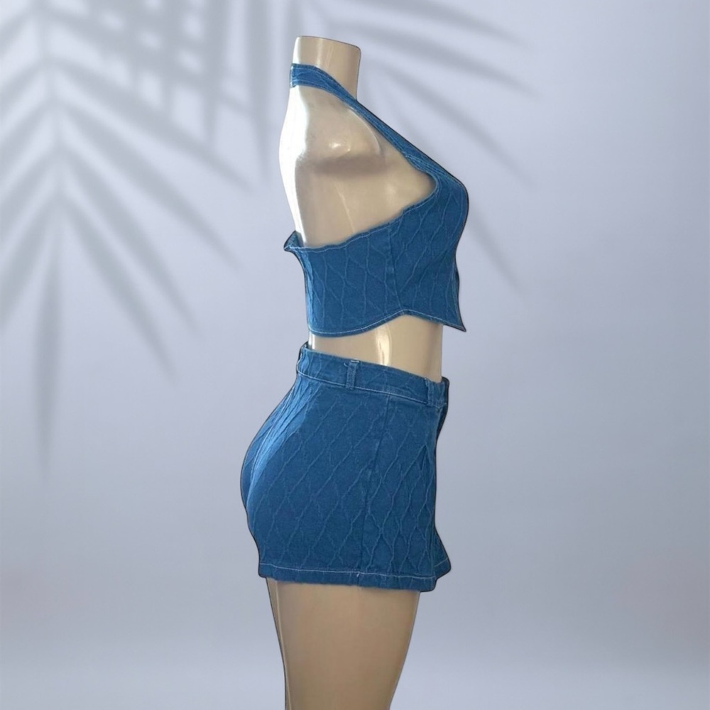 Denim Halter V-Neck Vest and Pleated Mini Skirt 2-Piece Set ✧ S - Picture 5 of 6